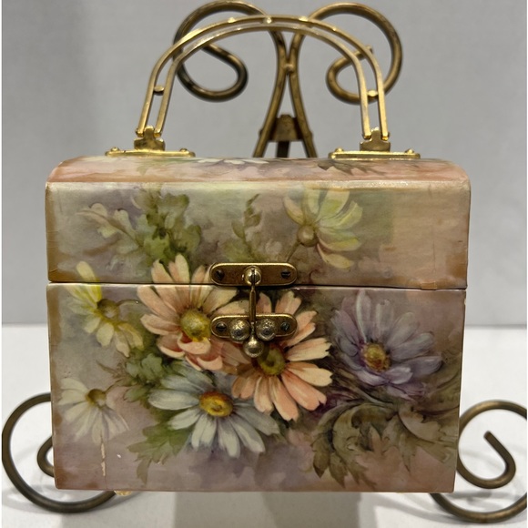 Accents Vintage Floral Decoupage Wood Box Purse Brass Handle Velvet Interior Wmirror Poshmark